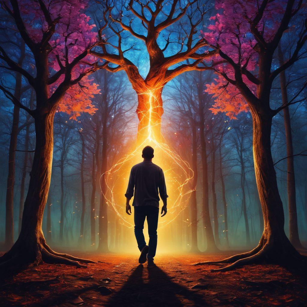 A powerful depiction of a man breaking free from shackles representing mind control, stepping into a vibrant path of self-discovery illuminated by glowing ideas and insights. Surround him with symbols of growth like trees and open skies, contrasting dark shadows on one side and radiant light on the other. Reflect a sense of empowerment and transformation in his posture and expression. surrealistic art. vibrant colors. dynamic composition.