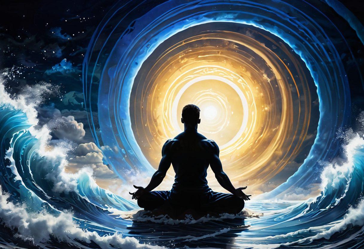 A powerful and serene depiction of a man undergoing hypnosis, surrounded by ethereal waves of energy symbolizing masculine strength and growth. Incorporate elements like a glowing spiral, deep blue and gold hues, and subtle silhouettes of mountains representing challenges being overcome. Include light rays illuminating his mind, showcasing insight and transformation. surreal art style. vibrant colors.