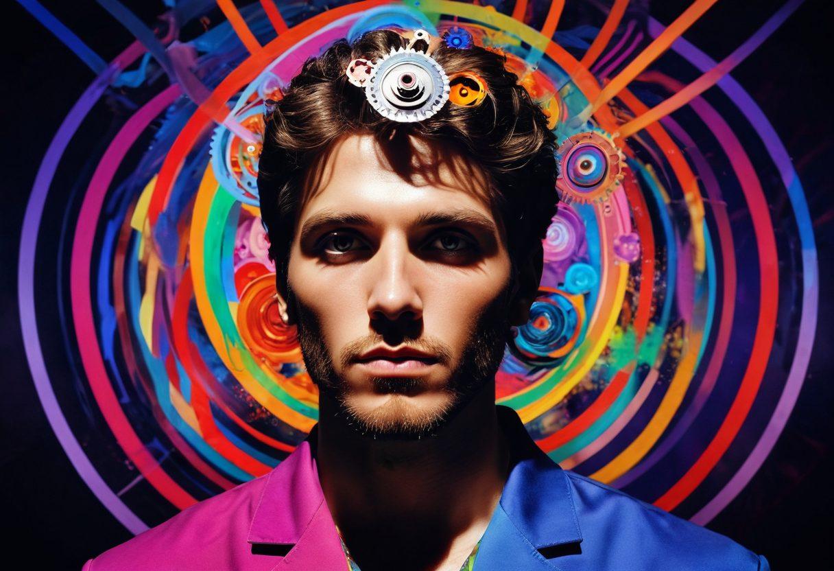 A surreal depiction of a straight man in a hypnotic trance, surrounded by swirling vibrant colors symbolizing empowerment and transformation. His expression is one of peace and confidence, while shadowy figures of masculine archetypes loom in the background, showcasing the power of mental strength. The scene subtly integrates elements of mind exploration, like gears and light bulbs, to represent thoughts unlocking. super-realistic. vibrant colors. 3D.